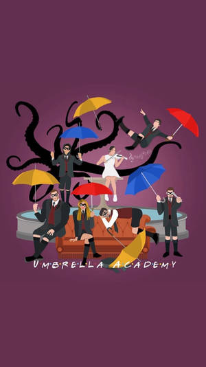 《雨傘學院》角色與雨傘和觸手的戲劇性插圖。