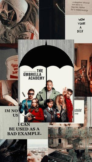 一幅拼貼畫， featuring The Umbrella Academy 角色在雨傘下，周圍有語錄和圖像。