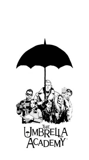 七個插圖角色站在一把大傘下，標題為 The Umbrella Academy。