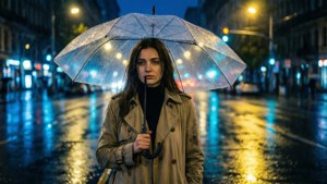女性在雨夜城市中手持透明雨傘，伴隨著發光的街燈。