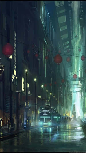 未來主義電車在雨濕的霓虹小巷中滑行，懸掛著紅色燈籠。
