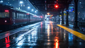 雨夜車站的紅色火車，濕月台和閃爍燈光倒影 — 夜晚 GIF 壁紙