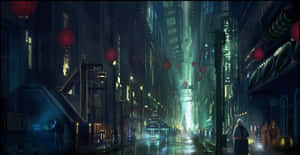 未來城市街道夜晚，發光紅色燈籠同霓虹燈喺濕漉漉嘅行人路上反射。 — 城市景觀 壁紙
