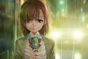 動漫女孩在雨中，在閃爍的城市燈光下拿著綠色電話。