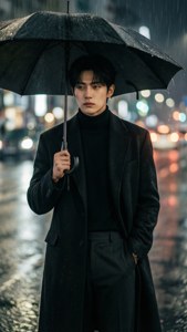 男人在雨夜的城市裡撐傘，燈光閃爍。 — 潮流 壁紙