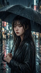 女子在雨夜城市中撐傘，霓虹燈光反射在濕漉漉的人行道上。