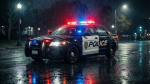 警車閃燈在雨中夜間濕滑街道上行駛
