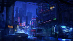夜間 cyberpunk 城市街道，有雨、霓虹招牌和一個孤獨的行人。 — 夜景城市 壁紙