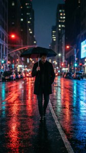 男子在夜晚霓虹燈照亮的城市街道上撐傘雨中行走。