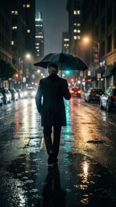 夜晚在潮濕的城市街道上，一個人在雨中撐傘獨行。