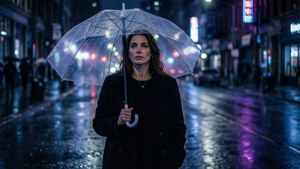 女子在夜晚雨中的城市裡撐著透明雨傘，霓虹燈光。