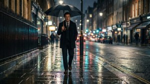身穿西裝的男子撐著雨傘在夜間潮濕的城市街道上行走，伴有發光的倒影。