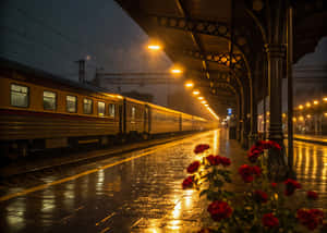 雨夜車站的金色火車，前景紅玫瑰反射溫暖燈光 — 夜晚 GIF 壁紙