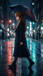 穿黑色外套的女子撐傘在雨夜霓虹城市中行走