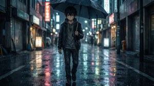 動漫男孩揸住雨傘夜晚行過雨夜霓虹燈照亮嘅城市街道。