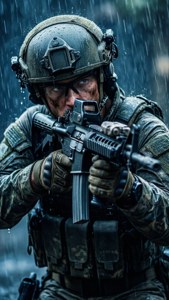 雨中士兵持步槍，神情專注