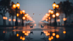 兩隻撐著傘的紙鶴在一個映照著發光街燈和落葉的雨水坑中。 — 夜晚 GIF 壁紙