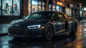 黑色奧迪R8跑車停在夜晚濕漉漉的城市街道上，霓虹燈反射在人行道上