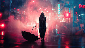 女人獨自站在雨中霓虹街撐傘 — 雨 壁紙