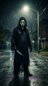 Ghostface 站在雨中的小巷，在街燈下持刀。