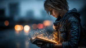 穿連帽衫的人在城市夜晚閱讀帶火花的發光書 — 奇幻 壁紙