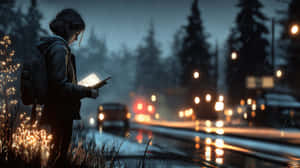 一個人在雨中閱讀發光的書，旁邊是帶有模糊車燈的道路 — 奇幻 壁紙