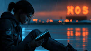 一個女人在夜間，在寫著ROS的霓虹燈附近，在雨中讀著一本發光的書。 — 奇幻 壁紙