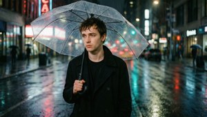 年輕男子在夜晚下雨的城市街道上撐著透明雨傘，霓虹燈光反射在濕漉漉的人行道上