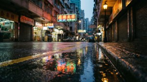 黃昏時分潮濕的城市街道，霓虹燈光倒映在水窪中，商店關門。
