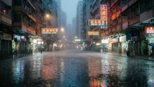 雨夜的街道，濕漉漉的人行道上反射著發光的霓虹燈招牌。