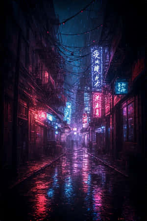 在黑暗多雨的城市小巷中，霓虹燈招牌倒映在濕漉漉的路面上。 — 霓虹 壁紙