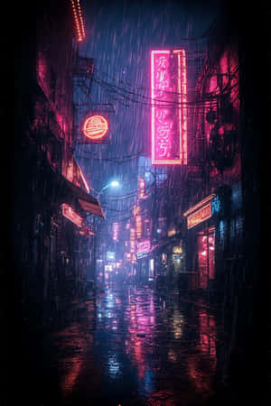 雨夜街道，發光霓虹燈招牌反射在濕漉漉的路面上 — 霓虹 壁紙
