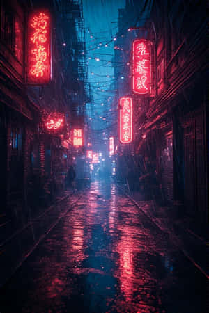 夜晚一條狹窄潮濕的小巷，被發光的紅色霓虹燈招牌照亮，倒映在人行道上。 — 霓虹 壁紙