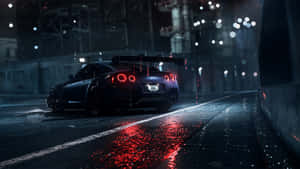 黑色跑車帶紅色尾燈在雨夜城市中行駛。 — 深紫色美學 GIF 壁紙