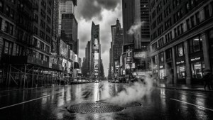 雨濕的城市街道，人孔蓋升起蒸氣，高聳建築在烏雲下。 — 城市景觀 壁紙