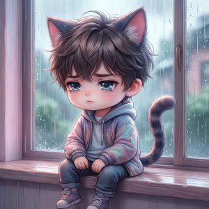悲傷的動漫男孩，長著貓耳和貓尾，坐在雨天的窗邊。