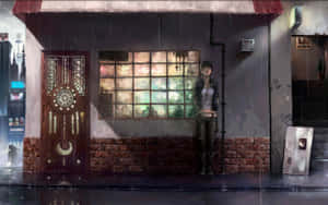 女人站在雨中，在遮陽篷下，旁邊是磚砌建築，有發光的窗戶。 — 雨 壁紙
