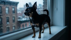 小黑褐色芝娃娃站在窗台上看著下雨的城市