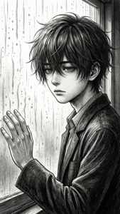 一個年輕的動漫男孩帶著悲傷的表情看著下雨的窗外。