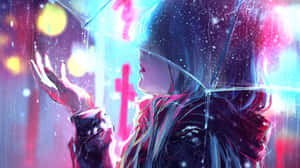 動漫女孩穿著雨衣在霓虹燈下撐傘。
