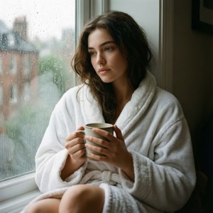 身穿白色長袍的女性在雨窗前手持馬克杯的室內場景