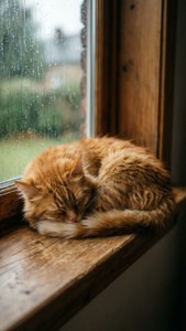 一隻舒適的貓咪在雨窗前睡覺。