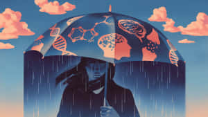 女子在粉紅雲朵下的雨中手持帶有科學符號的雨傘。 — 孤獨 壁紙
