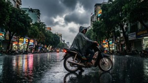 電單車手穿雨披在濕街騎行，暴雨雲下，霓虹反射