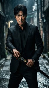 穿黑色西裝的男人在雨夜小巷中手持武士刀