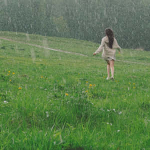 女孩在雨中草地奔跑，有蒲公英