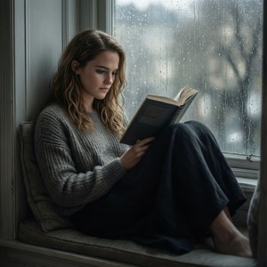 女性在雨窗旁閱讀書籍（室內）。 — 愛瑪·屈臣 壁紙