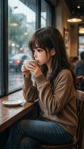 年輕女性在雨窗前喝咖啡，舒適的咖啡館。 — iPhone 7 Plus 壁紙