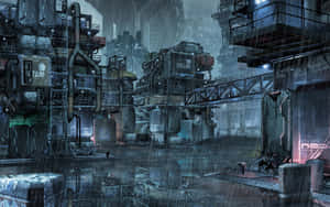 未來工業城市景觀，雨中的霓虹燈和高聳管道。 — 抽象藝術 壁紙