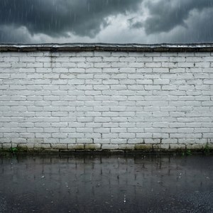 大雨中的白色磚牆，伴隨著烏雲和下方潮濕的人行道。 — Pixel Watch 壁紙